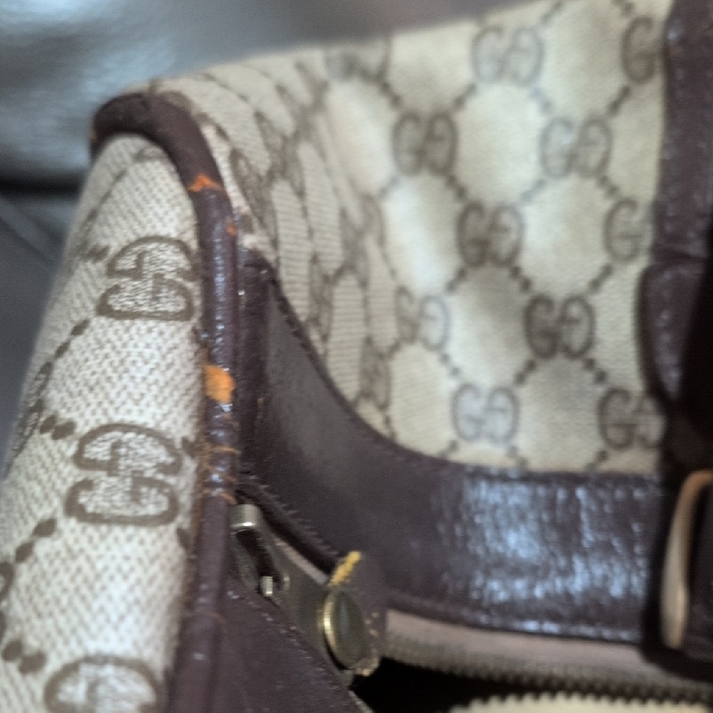 Gucci Beige GG Canvas Travel Bag with Brown Leather and Green-Red Web - Picture 9 of 15